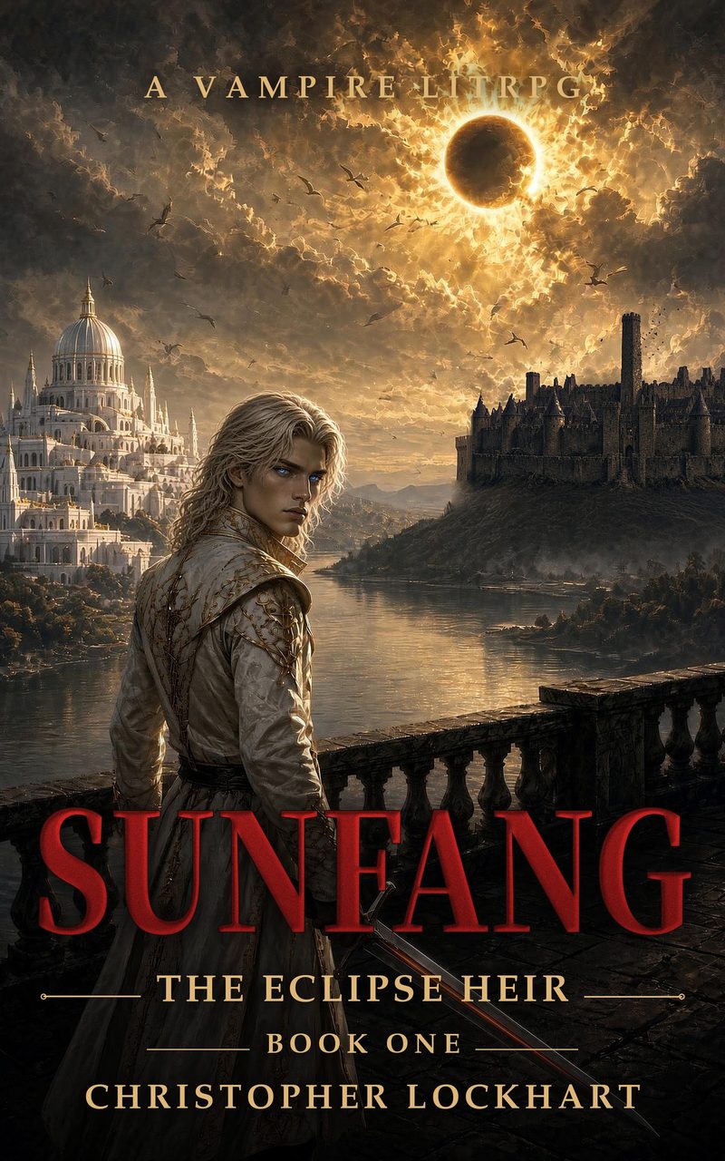 Sunfang cover: Sorin on the terrace of Highnoon, Vesperhold across the river under the eclipse